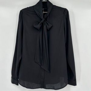 Quince Black Stretch Silk Tie Neck Blouse sz XS Women's Long Sleeve Shirt